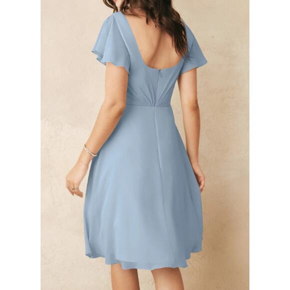 AW BRIDAL 10 L dusty blue chiffon Megan party cocktail knee length dress NEW B50 - Picture 3 of 8